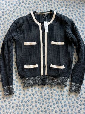 J. Crew Black Cardigan with Cream Trim and Marled Hem